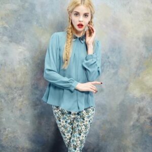 Ice Blue Color Patterned Collared Spring Chiffon Blouse