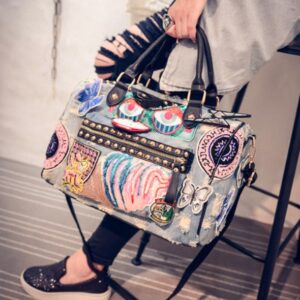 Edgy Studded Printed Denim Bag