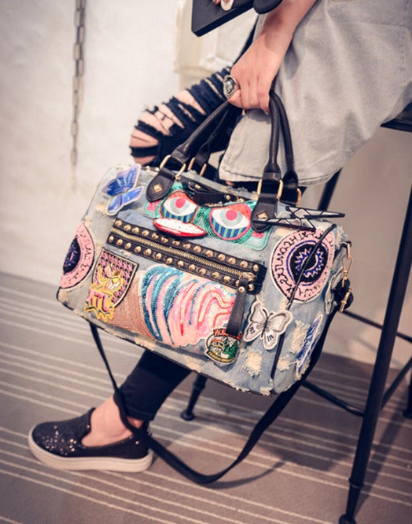 Edgy Studded Printed Denim Bag 1 ice blue studded rivet printed ripped denim denim bag