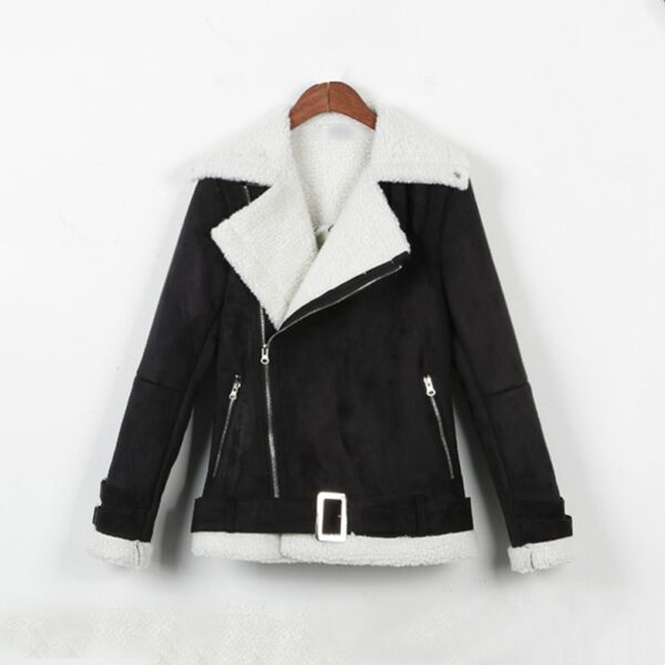 inner furred belted black suede women jacket