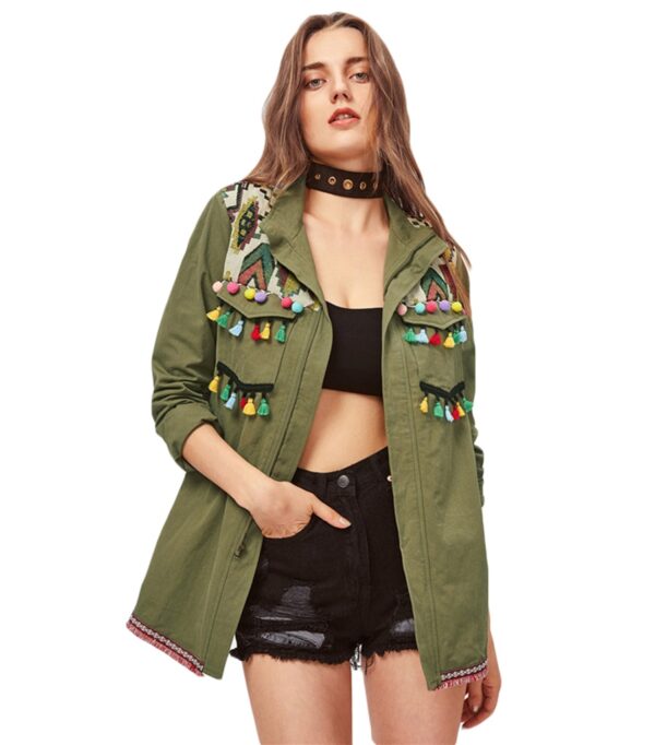 Bohemian Geometric Ethnic Pattern Tasseled Long Jacket 1 khaki colored tassel detail spring jacket