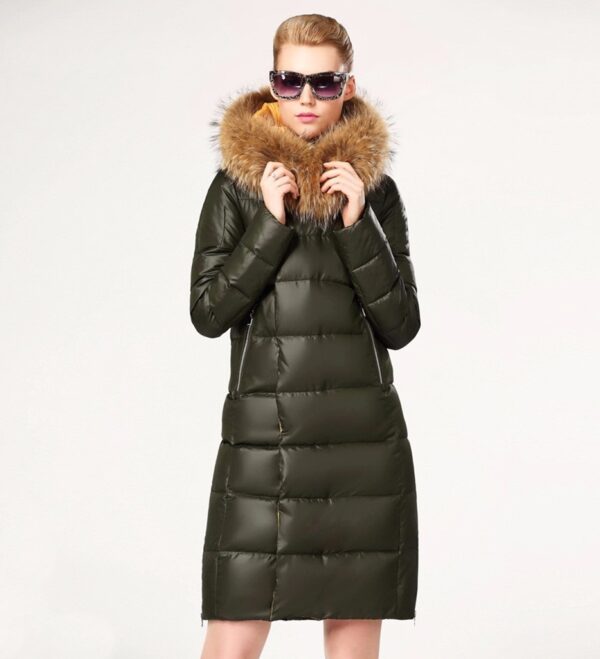 khaki raccoon furred long parka