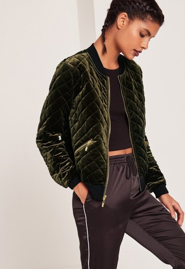 Ribbed Classic Style Velvet Short Bomber Jacket 2 khaki velvet short bomber jacket