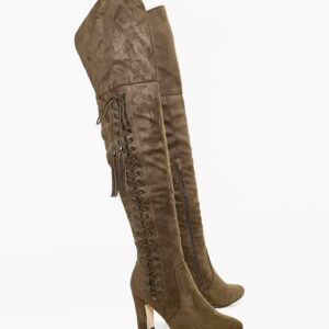 Elegant Knee High Suede Lace Up Heeled Boots