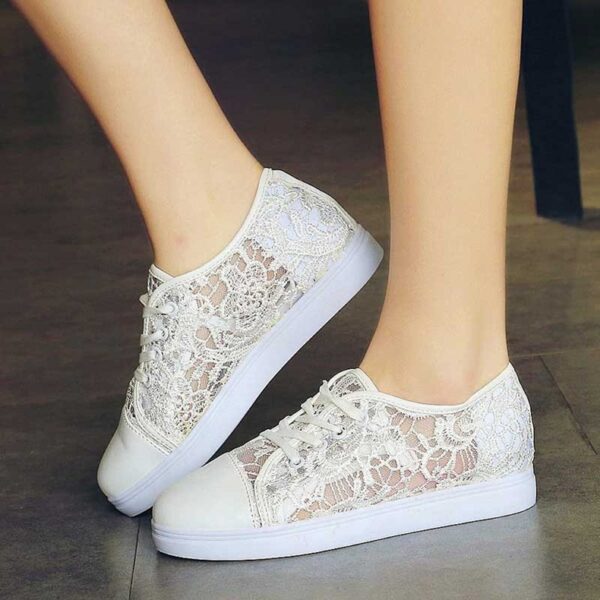 lace embroidered lace up white leather shoes
