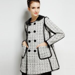 Elegant Leather Trim Double Breasted Wool Coat