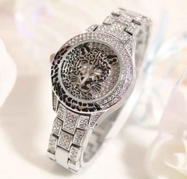 Sparkling Leopard Embellished Luxury Watch 2 leopard swarovski rhinestone silver color sleeve watch
