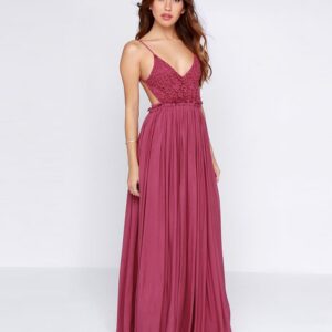 Dusty Rose Deep Decollete Pleated Maxi Dress