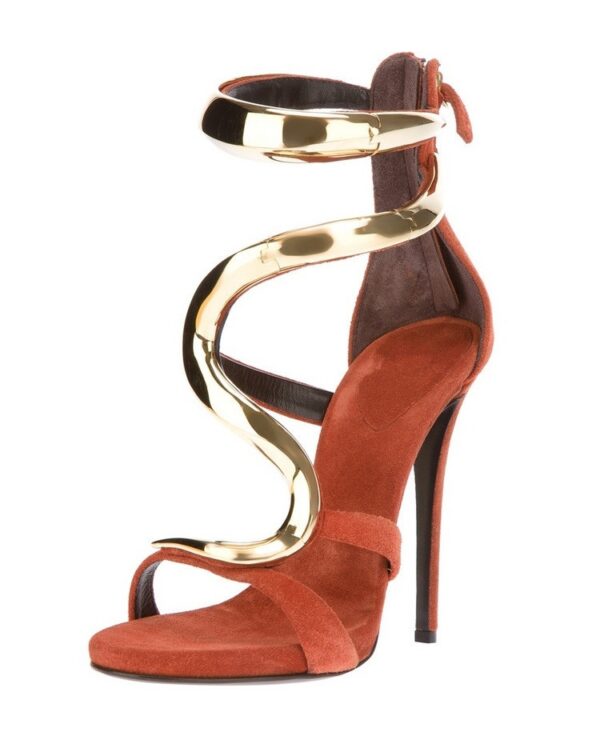 metal strappy brown women high heel suede sandals