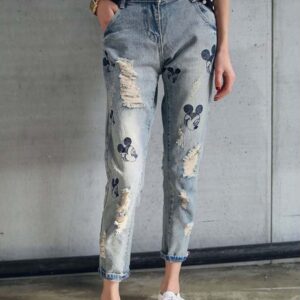 High Waisted Mickey Mouse Embroidered Jeans