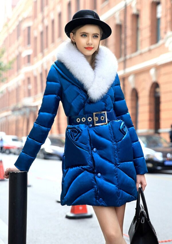 navy fur collar belted parka