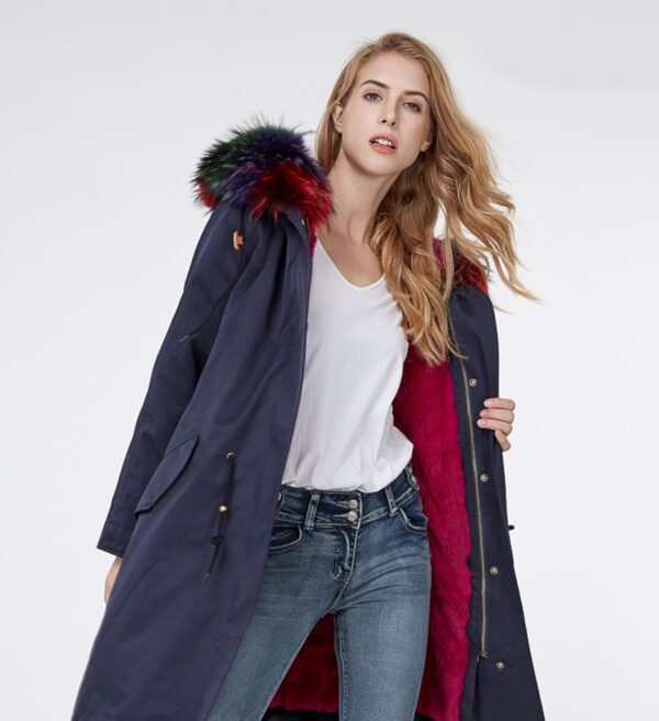 Luxurious Real Fur Lined Hooded Long Winter Parka Coat 3 navy long fur hooded parka