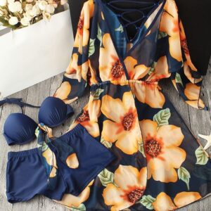 Vibrant Floral Three Piece Pareo Shorts Bikini Set