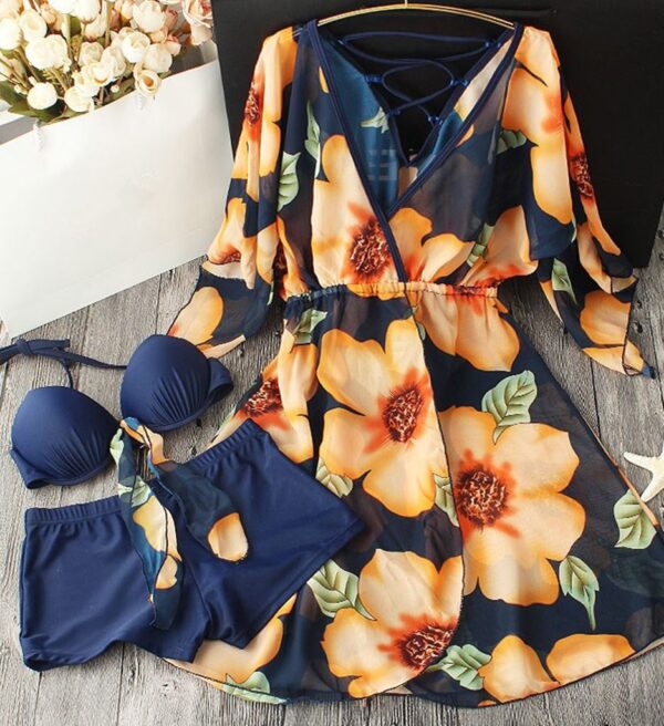 Vibrant Floral Three Piece Pareo Shorts Bikini Set 1 navy pareo with shorts bikini set