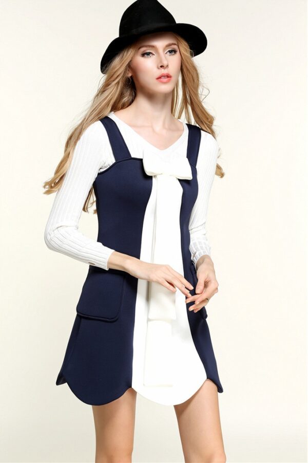 Navy Long Sleeve Knit Asymmetric Ribbon Two-Piece Dress 1 navy white two piece woven dress