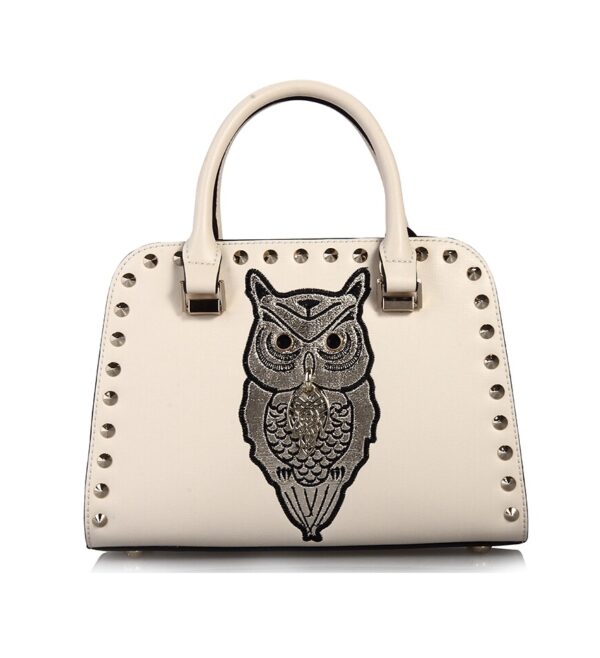 owl detail studded rivet beige sleeve bag