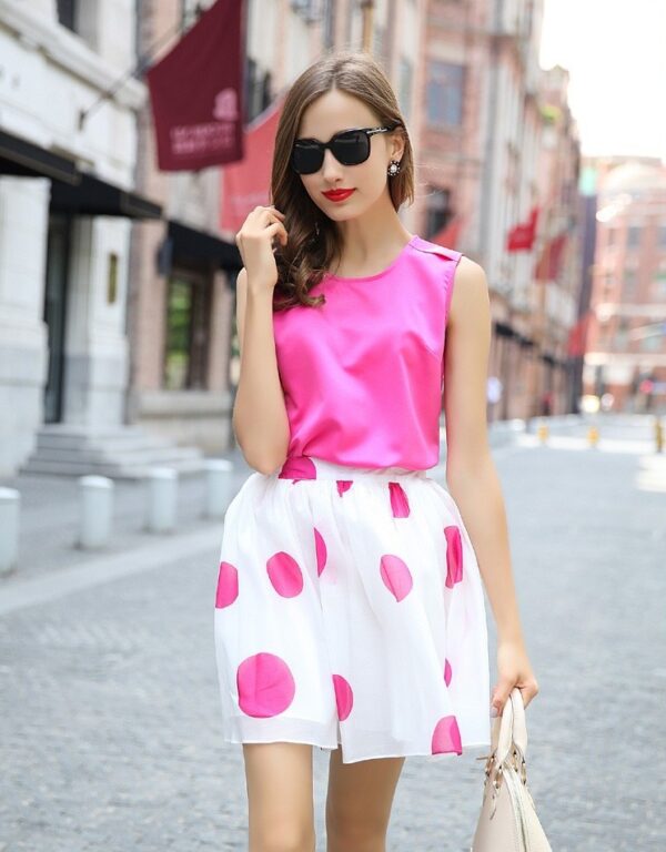 Chiffon Top Polka Dot Midi Skirt Set 1 pink and blue 2 piece summer dress