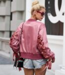 Chic Bow Detailed Pink Satin Bomber Jacket