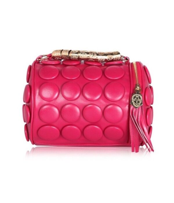 pink buttoned cylinder design leather bag