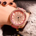 Colorful Artificial Diamond Genuine Leather Strap Women's Watch