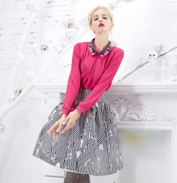 pink color patterned collared spring chiffon blouse