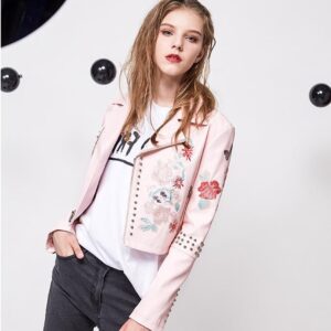 Edgy Floral Embroidered Studded Leather Biker Jacket