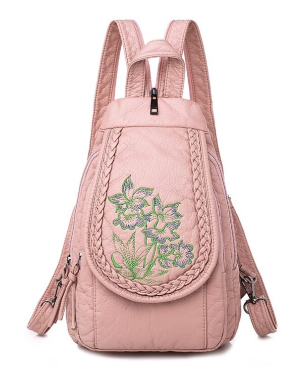 pink embroidery detail soft leather backpack rucksack