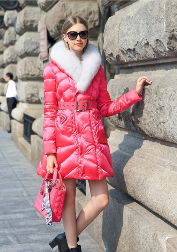 pink fur collar belted parka