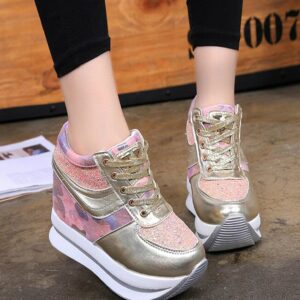 pink glittery high sole women hidden increasing height heel shoes