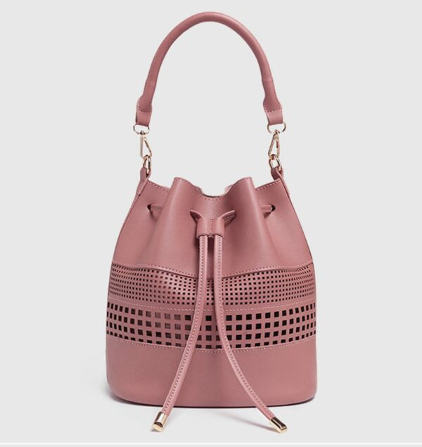 Boho Romantic Laser Cut Ruched Vegan Leather Bucket Bag 1 pink laser cut bucket bag