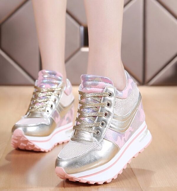 Sparkling Lace Up Height Boosting Platform Sneakers 1 pink shiny lace up women hidden increasing height heel shoes