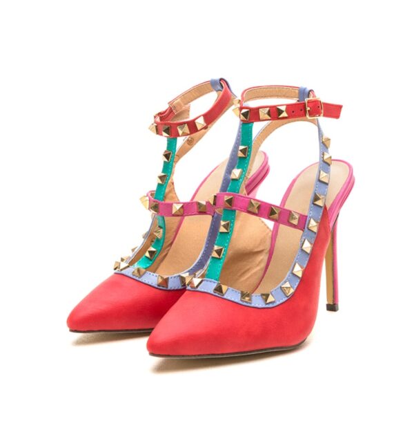 pink women high heel studded rivet strappy colored stiletto