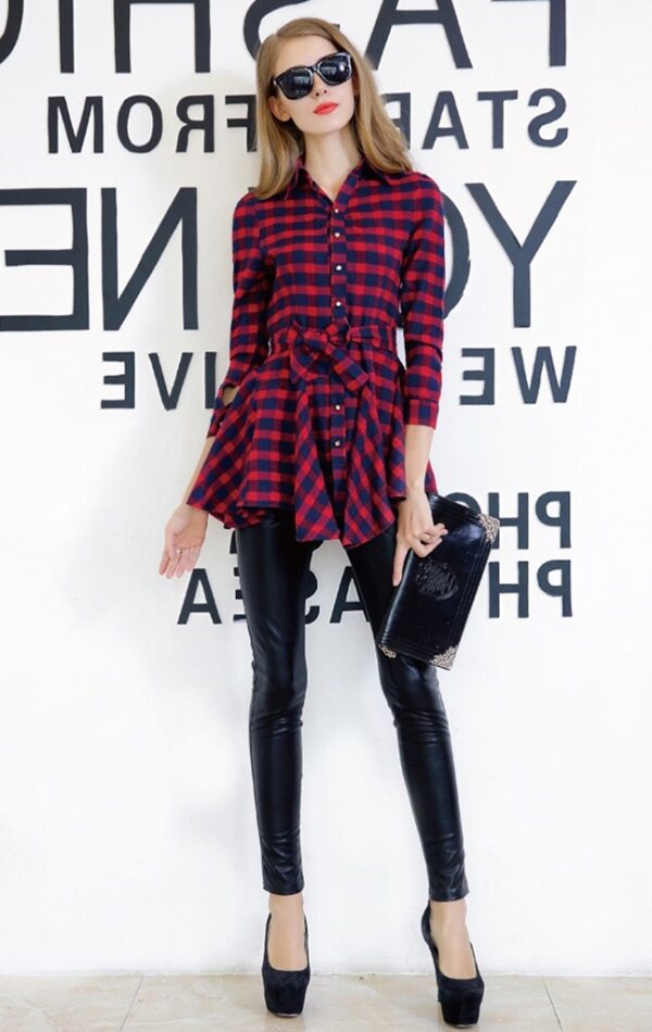 Red Navy Plaid Cotton Belted Shirt Dress 1 plaid waist sashed mini dress