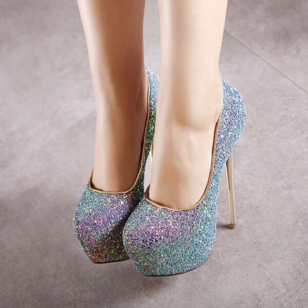 platform women high heel sequined blue night shoe