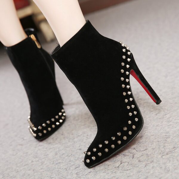pointed toe studded rivet suede bootie black
