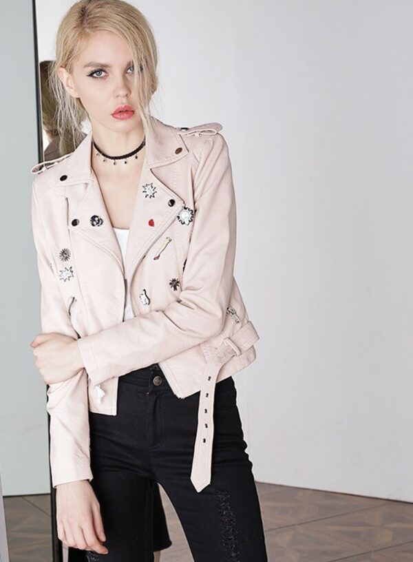 Bold Applique Embellished Crop Leather Biker Jacket 3 powder nude appliqued short women leather jacket