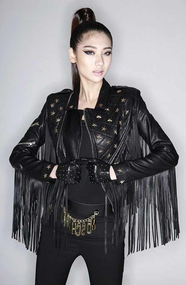 Edgy Studded Fringe Black Leather Jacket 1 punk style studded rivet tasseled black leather jacket