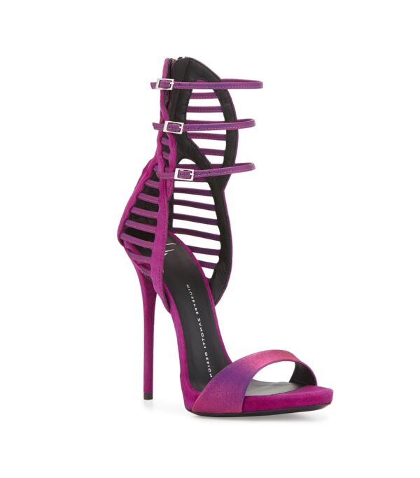 purple thin strappy suede sandals