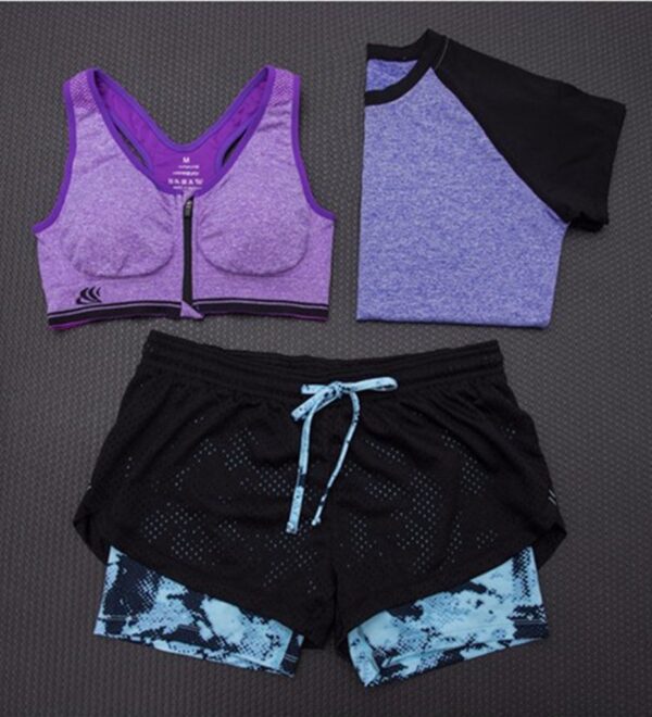 purple triple set women fitness outfit