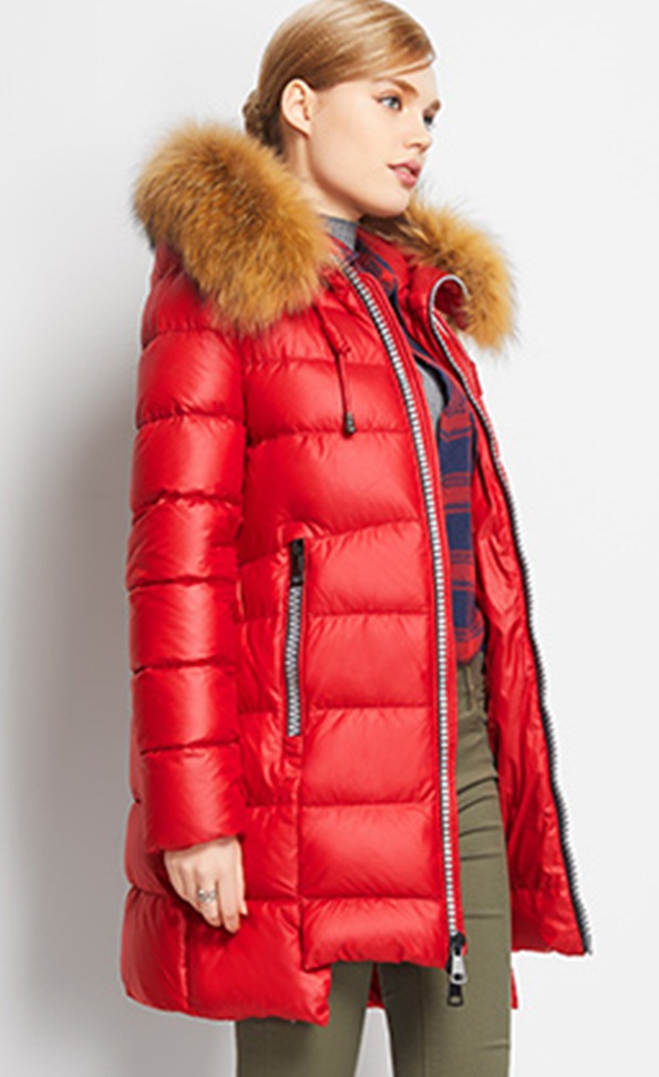 red collar furred long puffer jacket