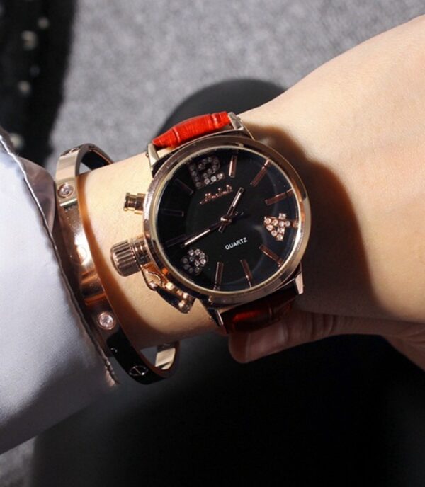 Sparkling Artificial Diamond Genuine Leather Strap Watch 6 red leather corded rhinestone detail watch
