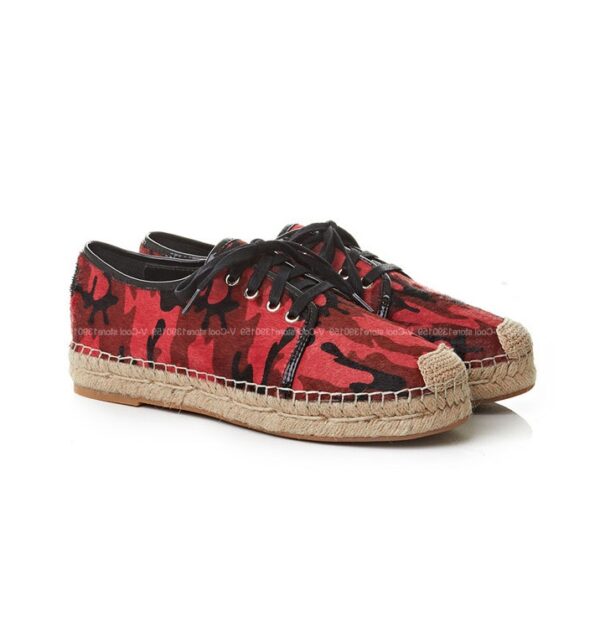 red patterned lace up espadrille shoes