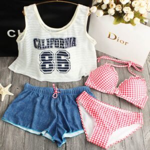 red plaid 4 piece bikini set