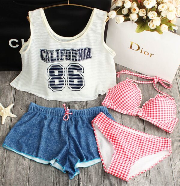 red plaid 4 piece bikini set