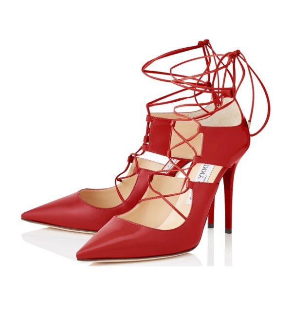 red thin strappy lace up patent stiletto