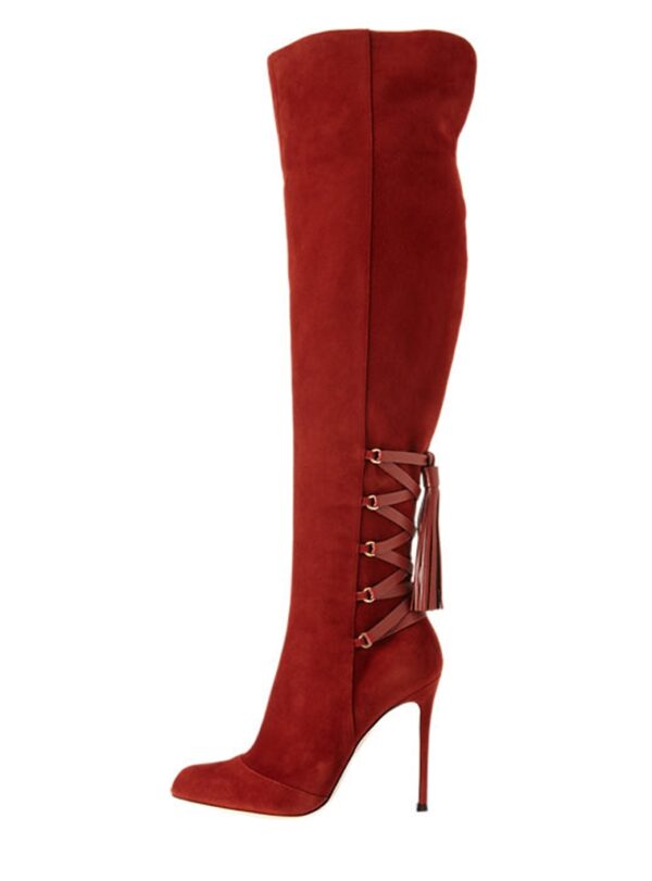 Bold Red Suede Pointed Toe Knee High Boots 1 red women high heel pointed toe boot