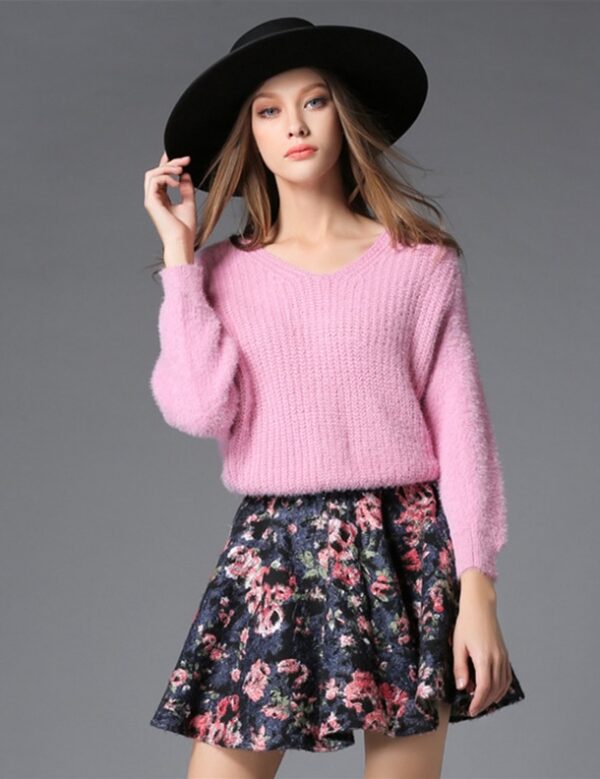 Two-Piece Knit Sweater and Floral Mini Skirt Set 1 rgu sweater and mini skirt 2 piece dress
