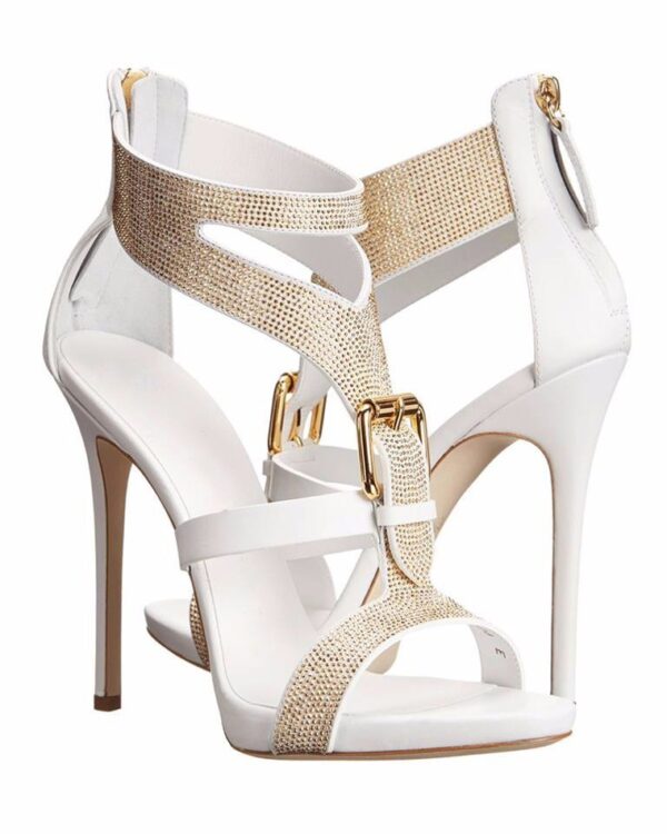 Sparkling Jeweled Banded Rhinestones Stiletto Sandals 3 rhinestone strappy buckled white women high heel sandals