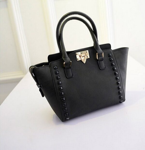 Studded Trapeze Vegan Leather Tote Bag 4 rivet detail black leather trapeze bag