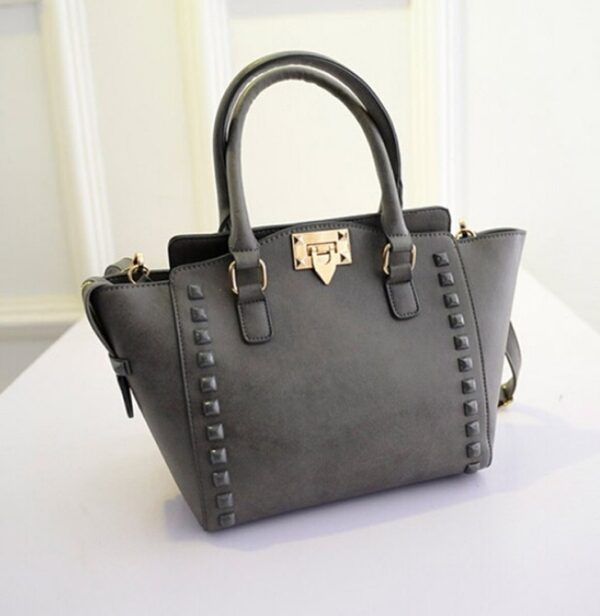 Studded Trapeze Vegan Leather Tote Bag 1 rivet detail gray leather trapeze bag